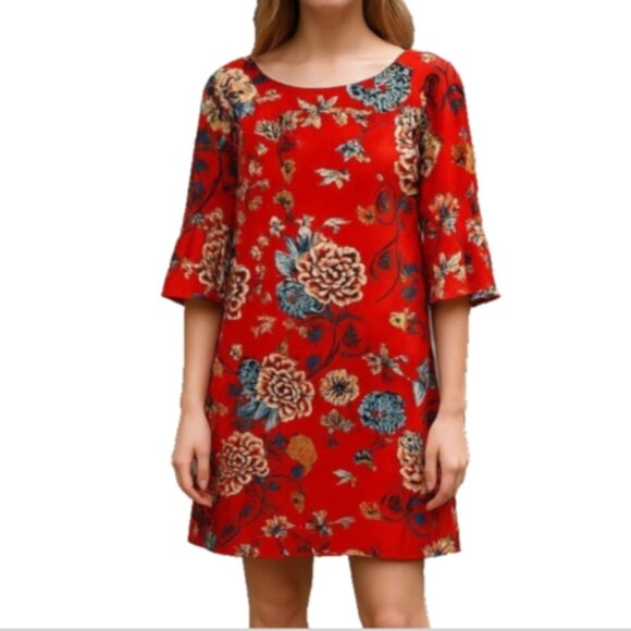 Women’s NEW Shift Dress Sz 6 Red Floral 3/4 Bell Sleeve Round Neck Zip Back - Picture 1 of 15